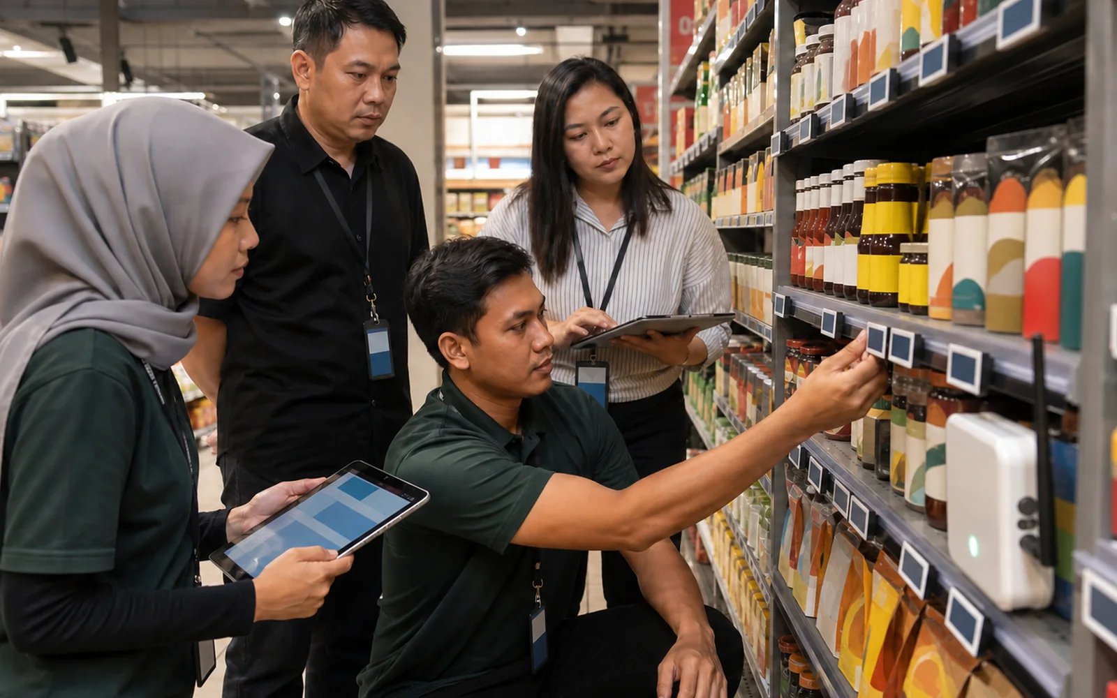 Retail operations team reviewing an electronic shelf label pilot in a Malaysian store